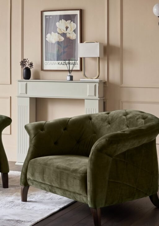 Luxe olive green velvet armchair